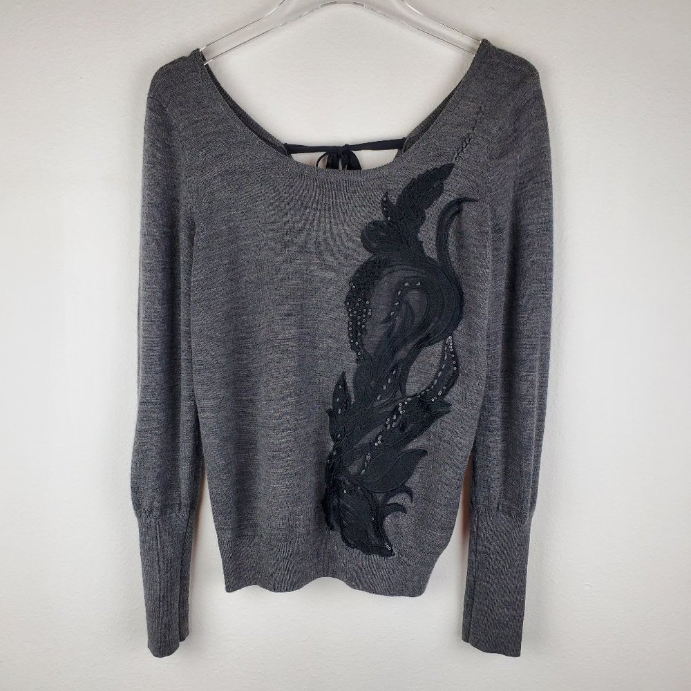 Angel of the North anthropologie grey wool lace embroidered sweater M boho